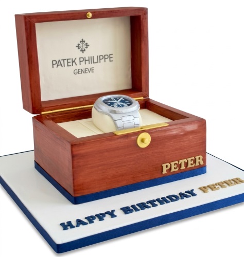 Luxury Patek Philippe watch box cake with a silver watch and customisable message.