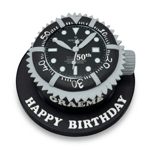 Black and grey luxury watch themed birthday cake with custom age and personalised message.