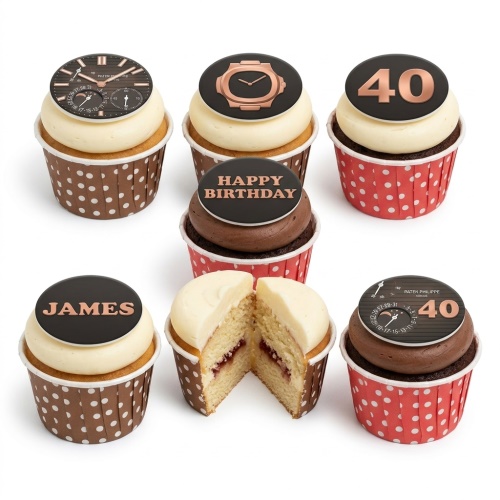 Cupcakes with luxury watch face and outline toppers, custom age and name examples.