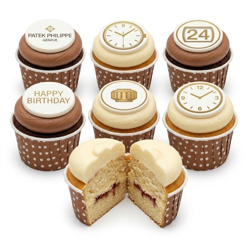 Six cupcakes with brown and cream frosting, decorated with white and gold Patek Philippe logo, watch face, watch winder, Happy Birthday, and custom age toppers.