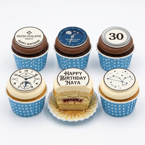 Set of six luxury watch themed birthday cupcakes with chocolate and vanilla frosting, featuring watch dial designs, a custom age topper, and a personalised message topper.
