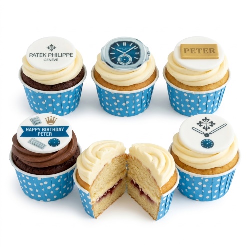Patek Philippe themed birthday cupcakes with edible watch and logo toppers in blue polka dot cases.