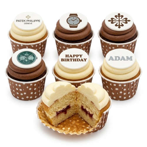 Set of watch theme birthday cupcakes with luxury brand logos and custom message toppers.