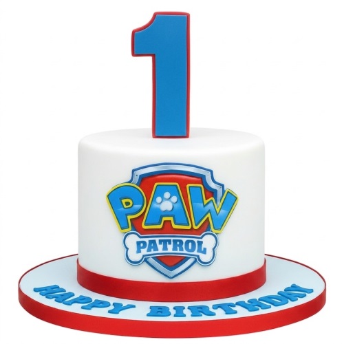 White single-tier Paw Patrol birthday cake with a blue number one topper and "Happy Birthday" text on the board.