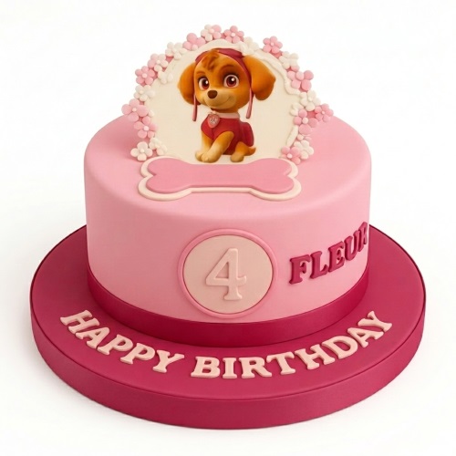 Pink Paw Patrol Skye birthday cake with flowers, bone, and custom age topper.