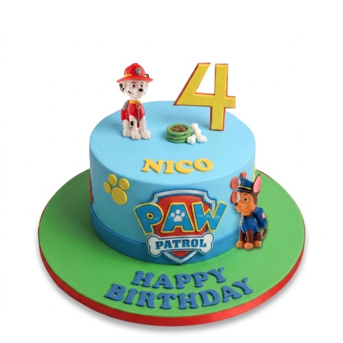 Round blue Paw Patrol birthday cake with Marshall and Chase figures, custom age topper, and personalised name.