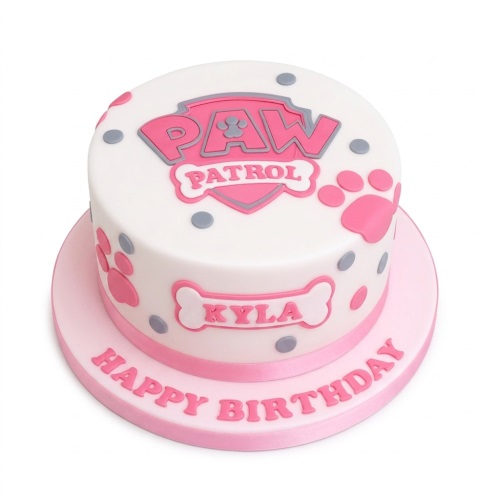 Round white Paw Patrol birthday cake with pink and grey logo, pink paw prints, and a bone plaque for a custom name.