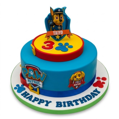 Two-tier Paw Patrol birthday cake with Chase and Skye, custom age topper, and paw prints.