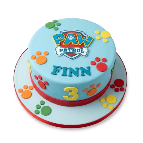 Round light blue Paw Patrol birthday cake with logo, colourful paw prints, a custom name, and a number three.