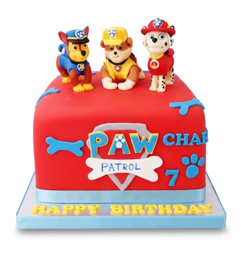 Red Paw Patrol birthday cake with Chase, Rubble, and Marshall figures, Paw Patrol logo, and custom age.