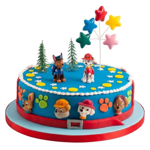 Round blue Paw Patrol birthday cake with Chase and Marshall figurines, pine trees, and star toppers.