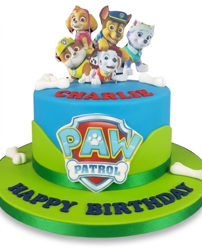 Two-tier blue and green Paw Patrol birthday cake with character toppers and custom name example.