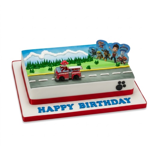 Paw Patrol birthday cake featuring Marshall in a fire truck and other characters, with a custom message.