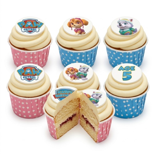 Paw Patrol cupcakes with Skye, Everest, Paw Patrol logo, and custom age topper.