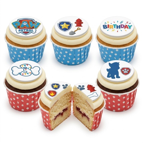 Paw Patrol themed birthday cupcakes with logo, Chase character, and rescue elements.
