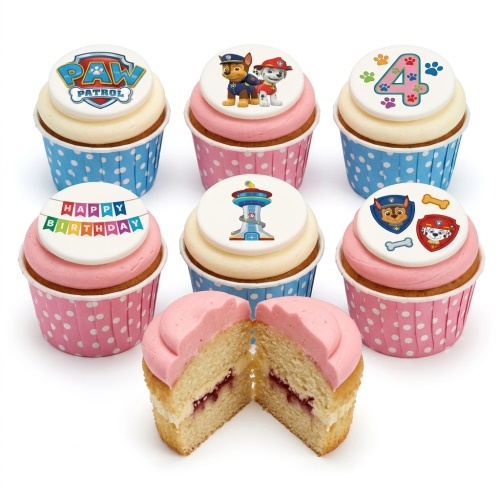 Paw Patrol themed cupcakes with logo, Chase, Marshall, lookout tower, "Happy Birthday" banner, and custom age "4" topper.