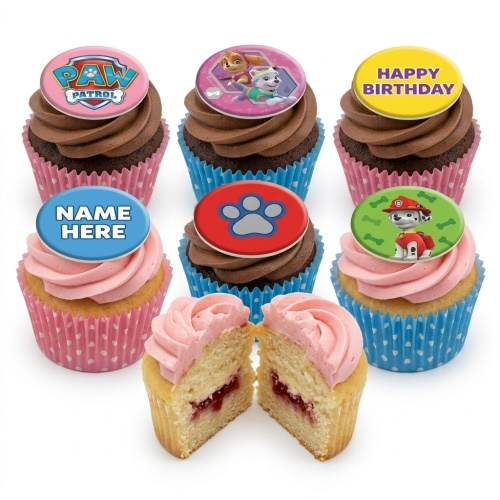 Paw Patrol themed cupcakes with character toppers, paw print, and custom message example.