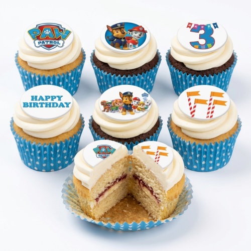 Paw Patrol themed cupcakes with various character and logo toppers, white frosting, and blue polka dot cases.
