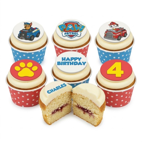 Paw Patrol themed cupcakes with Chase, Marshall, logo, paw print, 'Happy Birthday', and number 4 toppers.