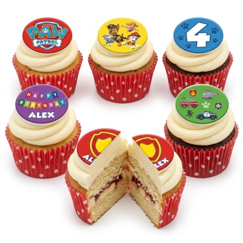 Paw Patrol themed cupcakes with various toppers including characters, rescue vehicles, and custom age and name examples.