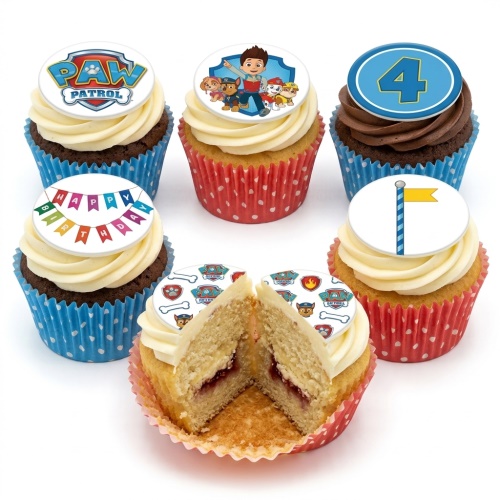 Paw Patrol themed birthday cupcakes with character toppers, logo, and custom age option.