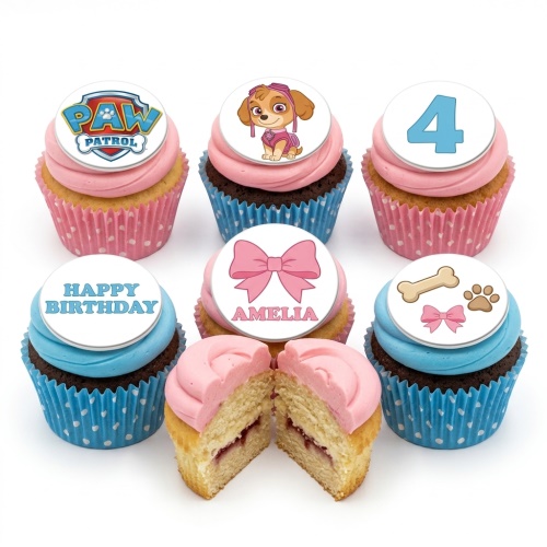 Paw Patrol Skye themed birthday cupcakes with pink and blue frosting, featuring custom age and name toppers.
