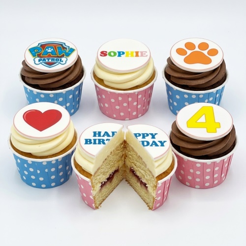 Paw Patrol themed cupcakes with logo, paw print, heart, and custom age topper.