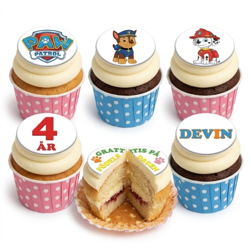 Paw Patrol themed birthday cupcakes with Chase, Marshall, Paw Patrol logo, custom age topper, and personalised name.