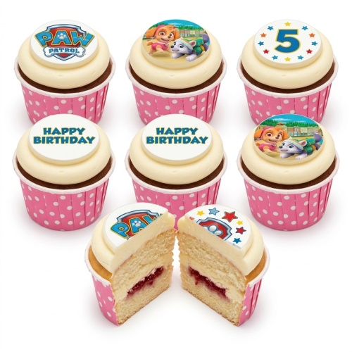 Paw Patrol themed cupcakes with white frosting, pink polka dot cases, Paw Patrol logo, Skye and Everest characters, and a custom age topper.