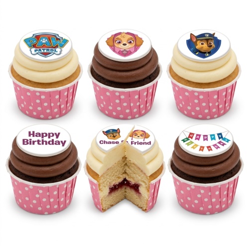 A set of six Paw Patrol themed cupcakes with white and chocolate icing in pink polka dot wrappers, featuring Skye, Chase, and Paw Patrol logo toppers, and a 'Happy Birthday' message.