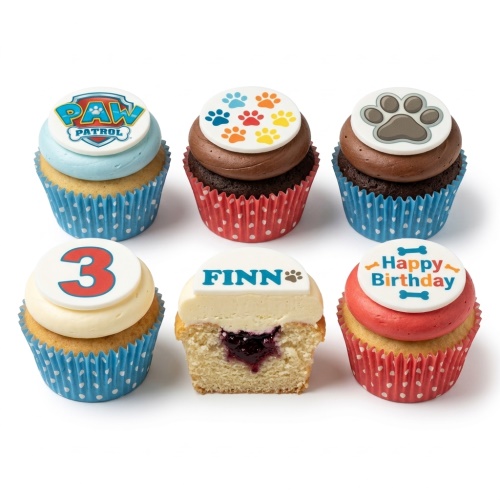 Six Paw Patrol themed birthday cupcakes with paw prints, logo, custom age, and name.