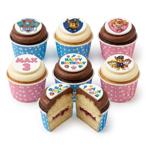 Assorted Paw Patrol themed birthday cupcakes with character toppers and custom age/name options