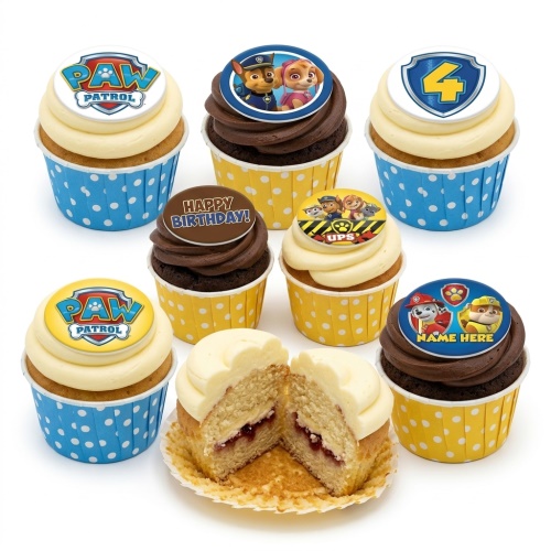 Assortment of Paw Patrol themed cupcakes with character toppers, Paw Patrol logo, custom age shield, and 'Happy Birthday!' message.