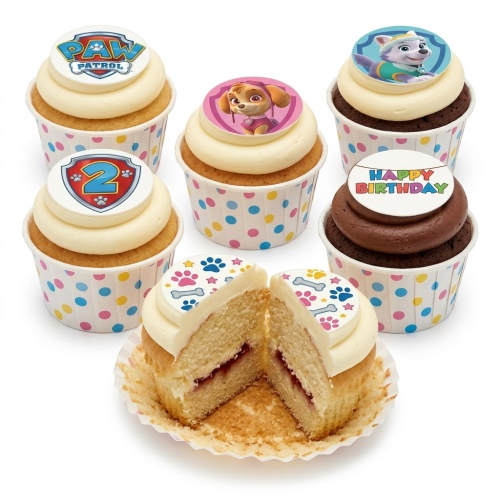 Paw Patrol themed birthday cupcakes with character toppers, custom age shield, and "Happy Birthday" message.