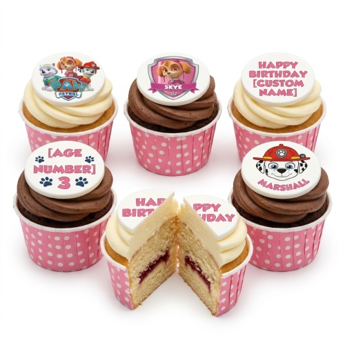 Paw Patrol themed cupcakes with character toppers, paw prints, and custom age/name messages.