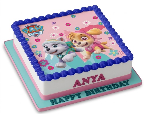 Two-tier Paw Patrol birthday cake with Skye and Everest characters, pink and blue decor.