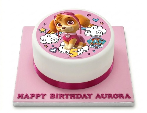 Round white cake with pink Paw Patrol Skye edible image topper, pink ribbon, and custom age.