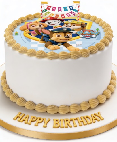 Round white Paw Patrol birthday cake with edible image of Chase, Skye, Marshall, Rubble, gold piping, and "Happy Birthday" text.