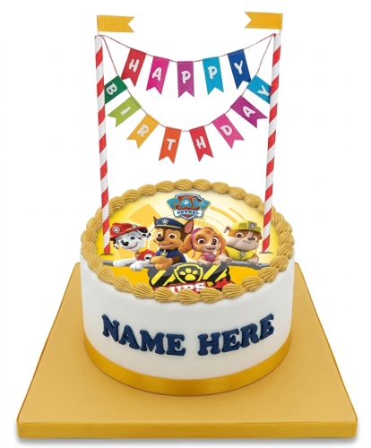 Round white Paw Patrol birthday cake with edible character image, yellow piped border, "Happy Birthday" bunting, and space for a custom name.
