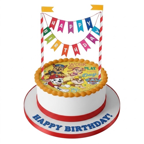 Round white Paw Patrol birthday cake with Chase, Marshall, Skye, Rubble edible image and 'Happy Birthday' banner.