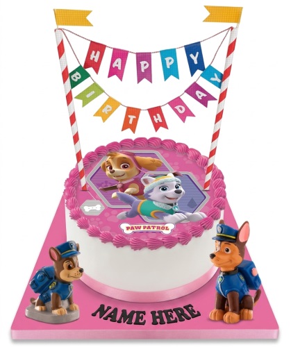 Round white and pink Paw Patrol birthday cake with Skye, Everest, Chase figurines, and a Happy Birthday banner.