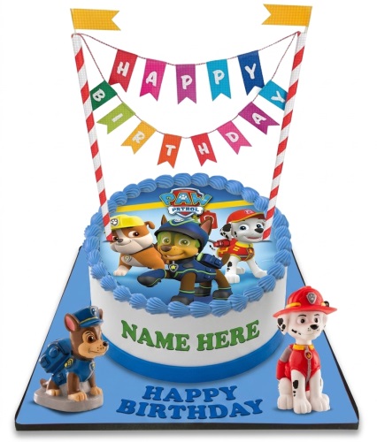 Round Paw Patrol birthday cake with Chase, Marshall, Rubble characters, blue icing, and a personalised name area.