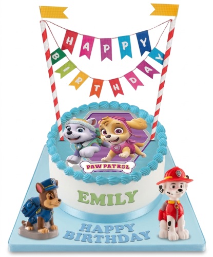Round Paw Patrol birthday cake with Everest, Skye, Chase, Marshall, and Happy Birthday banner.