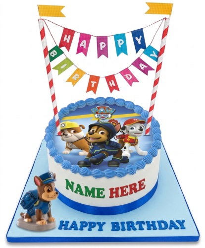 Round white Paw Patrol birthday cake with blue icing, character image, and a 'Happy Birthday' banner.