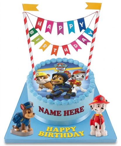 Round blue Paw Patrol birthday cake with character figurines and a 'Happy Birthday' banner.