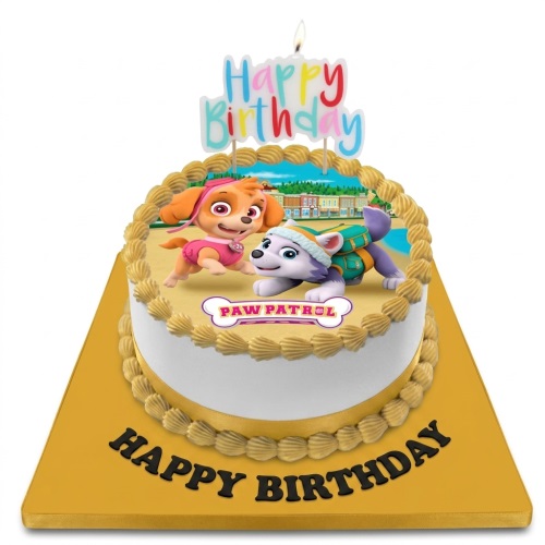 Round Paw Patrol birthday cake with Skye and Everest edible image, gold piping, and 'Happy Birthday' candle.