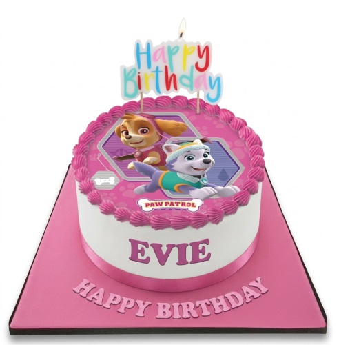 Round pink and white Paw Patrol birthday cake with Skye and Everest, 'Happy Birthday' topper.