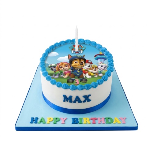 Round white Paw Patrol birthday cake with blue icing, custom name, and age