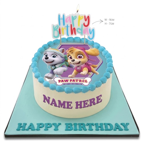 Round white Paw Patrol birthday cake with edible image of Skye and Everest, blue icing border, and a 'Happy Birthday' candle topper.
