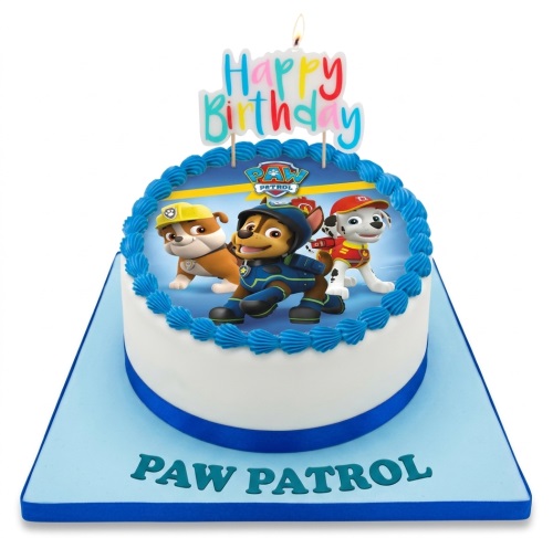 Round white and blue Paw Patrol birthday cake with Chase, Rubble, Marshall characters and Happy Birthday candle.